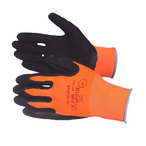 MAR0214 Pirštinės iš 13G oranžinio poliesterio, padengtos juodu lateksu - Image 1